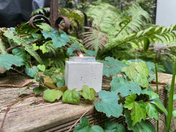 Ein Teelicht in Beton auf einer Holzterrasse, die von Pflanzen umgeben ist.